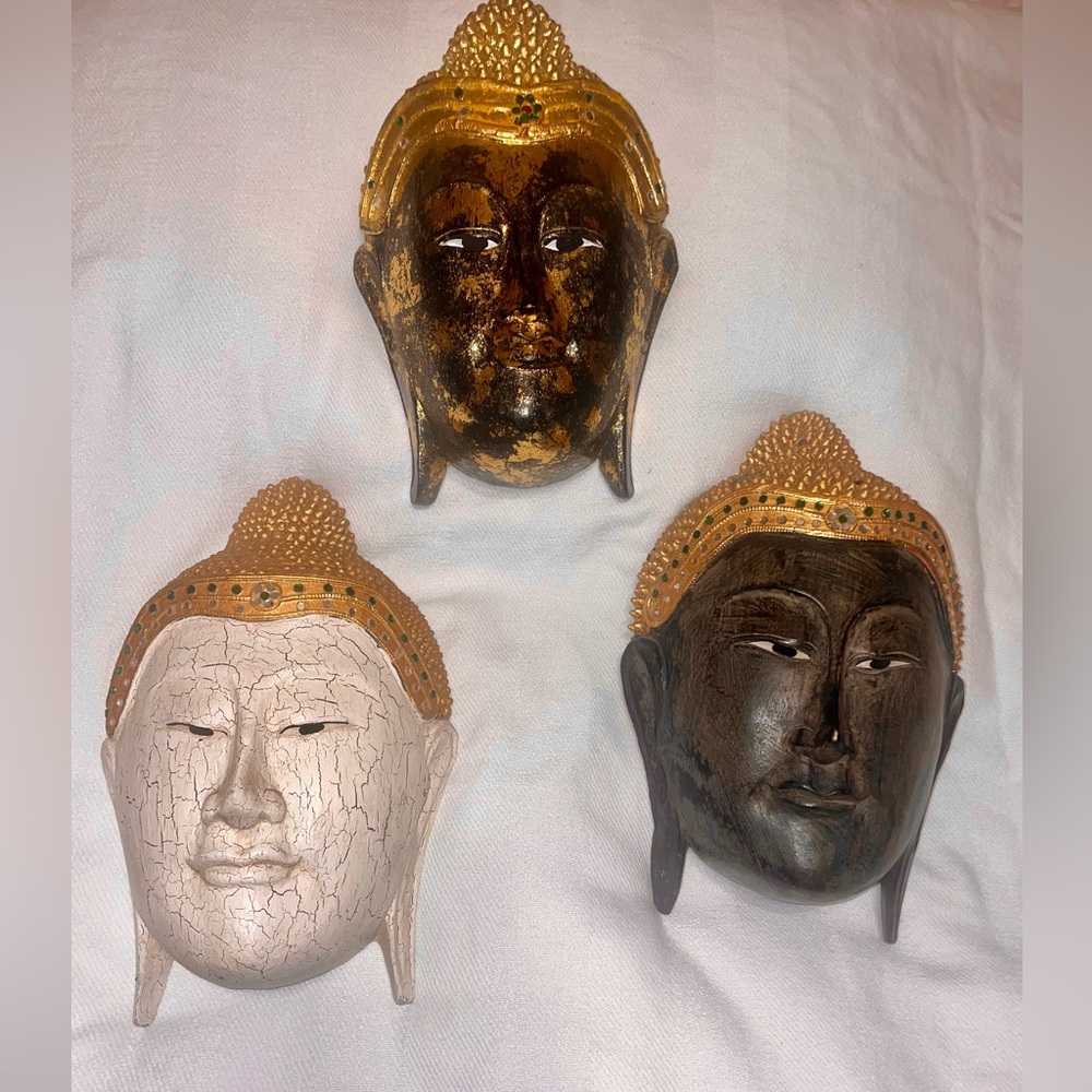 Wood carved Buddha mask wall decor